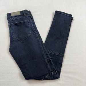 AllSaints Biker Skinny Jeans Womens 26 Blue Black Moto Ribbed Knee Stretch Denim